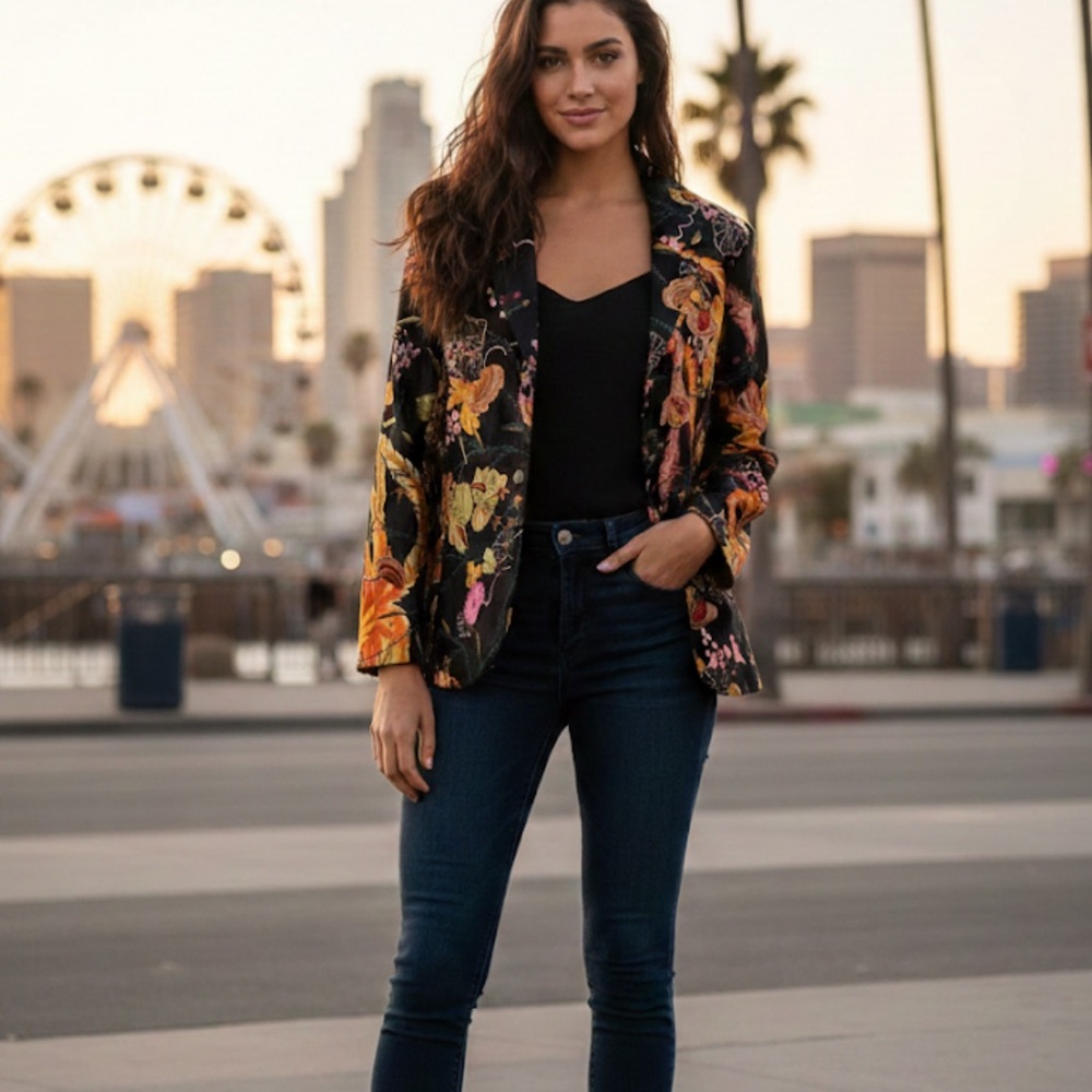 Citron Santa Monica Embroidered Floral Blazer Sz M